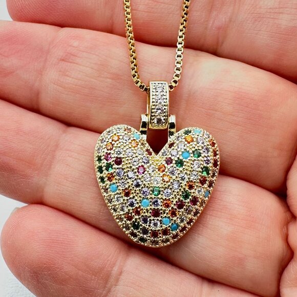 Multicolor Zircon 18K Yellow Gold Plated Heart Pendant Necklace 18 Inch Chain - Picture 4 of 5
